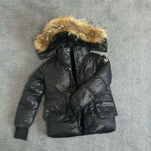 Girls black coat with fur hood size 8